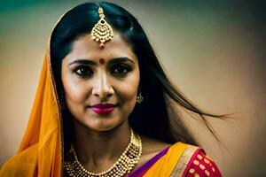 un hermosa indio mujer vistiendo un sari. generado por ai foto