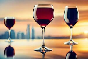 three glasses of red wine on a table with a city in the background. AI-Generated photo