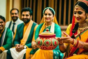 a bride and groom in traditional indian attire. AI-Generated photo