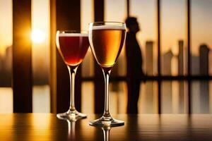 two glasses of wine on a table with a view of the city. AI-Generated photo
