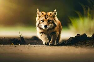 un joven lobo corriendo a través de un suciedad la carretera. generado por ai foto