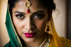 a beautiful indian woman wearing a green sari and red lipstick. AI-Generated photo