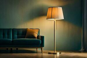 a lamp is sitting on a wooden floor next to a blue couch. AI-Generated photo