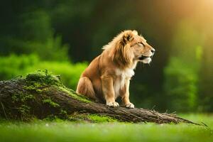 a lion sitting on a tree branch in the middle of a green field. AI-Generated photo