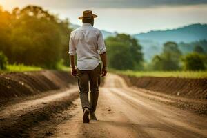 un hombre caminando abajo un suciedad la carretera en el país. generado por ai foto