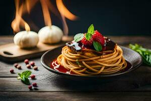 spaghetti with sauce and strawberries on a plate. AI-Generated photo