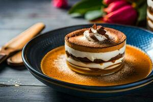 a dessert with chocolate and cream on a blue plate. AI-Generated photo