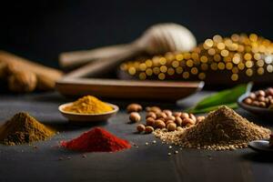 spices and nuts on a dark table. AI-Generated photo