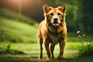 a golden dog is standing in the grass. AI-Generated photo