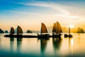 el puesta de sol en halong bahía. generado por ai foto