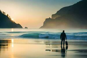 a man standing on the beach with his surfboard at sunset. AI-Generated photo