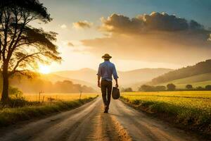 hombre caminando en un país la carretera a puesta de sol. generado por ai foto