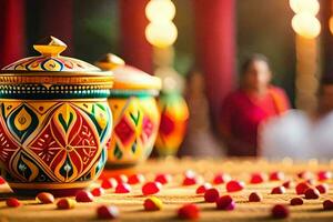 colorful pots and vases on a table with people in the background. AI-Generated photo