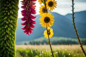 a flower hanging from a tree in front of a field. AI-Generated photo