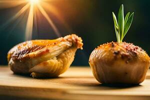 two pieces of chicken on a wooden cutting board. AI-Generated photo