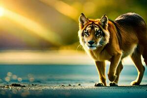 un Tigre caminando en el la carretera a puesta de sol. generado por ai foto