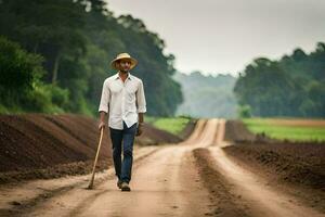 a man walking down a dirt road with a hat and a stick. AI-Generated photo