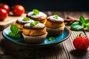 cupcakes with powdered sugar and mint leaves on a plate. AI-Generated photo