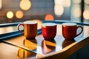 two coffee cups sit on a table in front of a window. AI-Generated photo