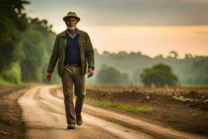 a man walking down a dirt road with a hat on. AI-Generated photo