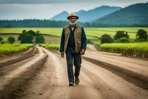 un más viejo hombre caminando abajo un suciedad la carretera en un campo. generado por ai foto