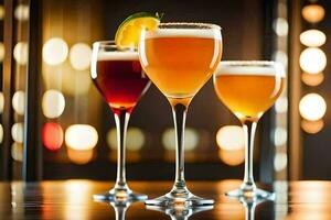 three different types of alcoholic drinks on a table. AI-Generated photo