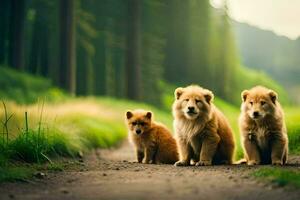 three puppies sitting on a dirt road in the woods. AI-Generated photo