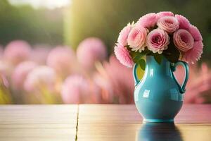 un azul florero con rosado flores en un mesa. generado por ai foto