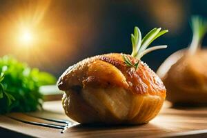 a close up of some cooked onions on a wooden cutting board. AI-Generated photo