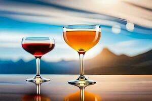 two glasses of wine on a table with mountains in the background. AI-Generated photo