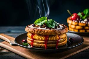 a stack of pancakes with berries and chocolate. AI-Generated photo