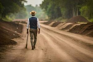 a man walking down a dirt road with a hat and cane. AI-Generated photo