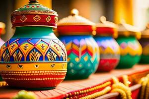 colorful vases are lined up on a table. AI-Generated photo