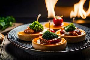 small appetizers on a plate with a fire in the background. AI-Generated photo