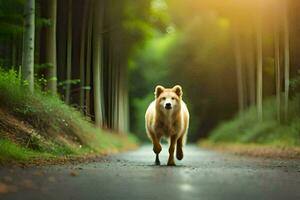 a dog walking down a road in the woods. AI-Generated photo