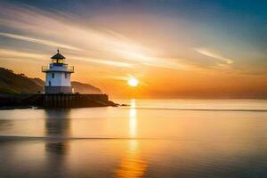 a lighthouse stands on the shore of the ocean at sunset. AI-Generated photo