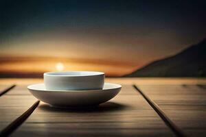 a cup and saucer on a wooden table with a sunset in the background. AI-Generated photo