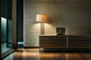 a modern sideboard with a lamp on it. AI-Generated photo