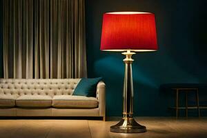 a lamp with a red shade on it in front of a couch. AI-Generated photo