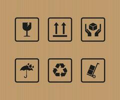 Packaging symbols set on paper box background. Collection of cargo symbols, packaging icons, packaging signs. For box, design, infographic. Lncluding fragile, recycle, handling with care vector