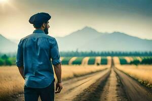 un hombre en un azul camisa y sombrero soportes en un suciedad la carretera. generado por ai foto