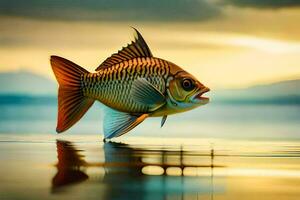 a fish is standing on the water with a sunset in the background. AI-Generated photo