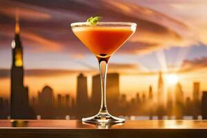 cocktail in a glass with city skyline in the background. AI-Generated photo