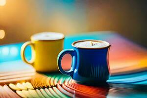 two coffee cups on a colorful table. AI-Generated photo
