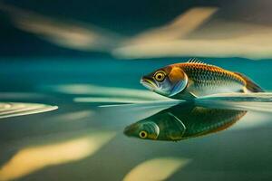 un pescado es flotante en el agua con sus reflexión. generado por ai foto