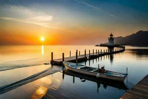 a boat is docked at the pier at sunset. AI-Generated photo