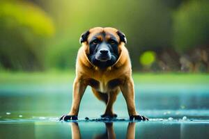 un perro en pie en el agua en frente de un verde antecedentes. generado por ai foto
