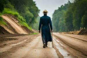 un hombre en un azul vestir caminando abajo un suciedad la carretera. generado por ai foto