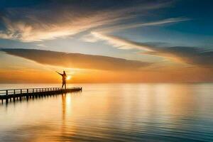 un hombre en pie en un muelle a puesta de sol. generado por ai foto