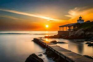 a lighthouse stands on the shore of a body of water at sunset. AI-Generated photo